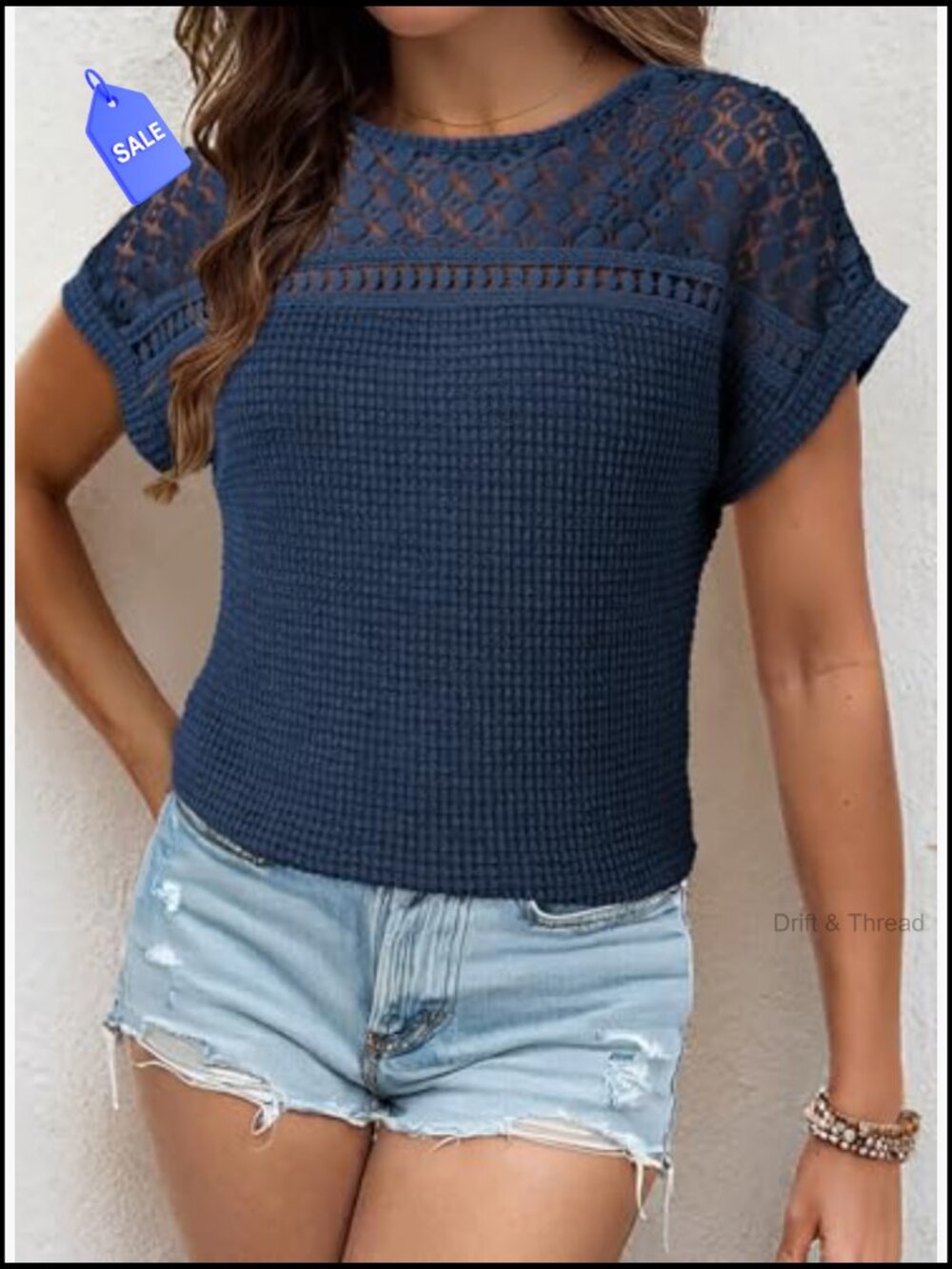 Women's Short Sleeve Waffle Knit Tunic Blouse - Picture 2 of 7